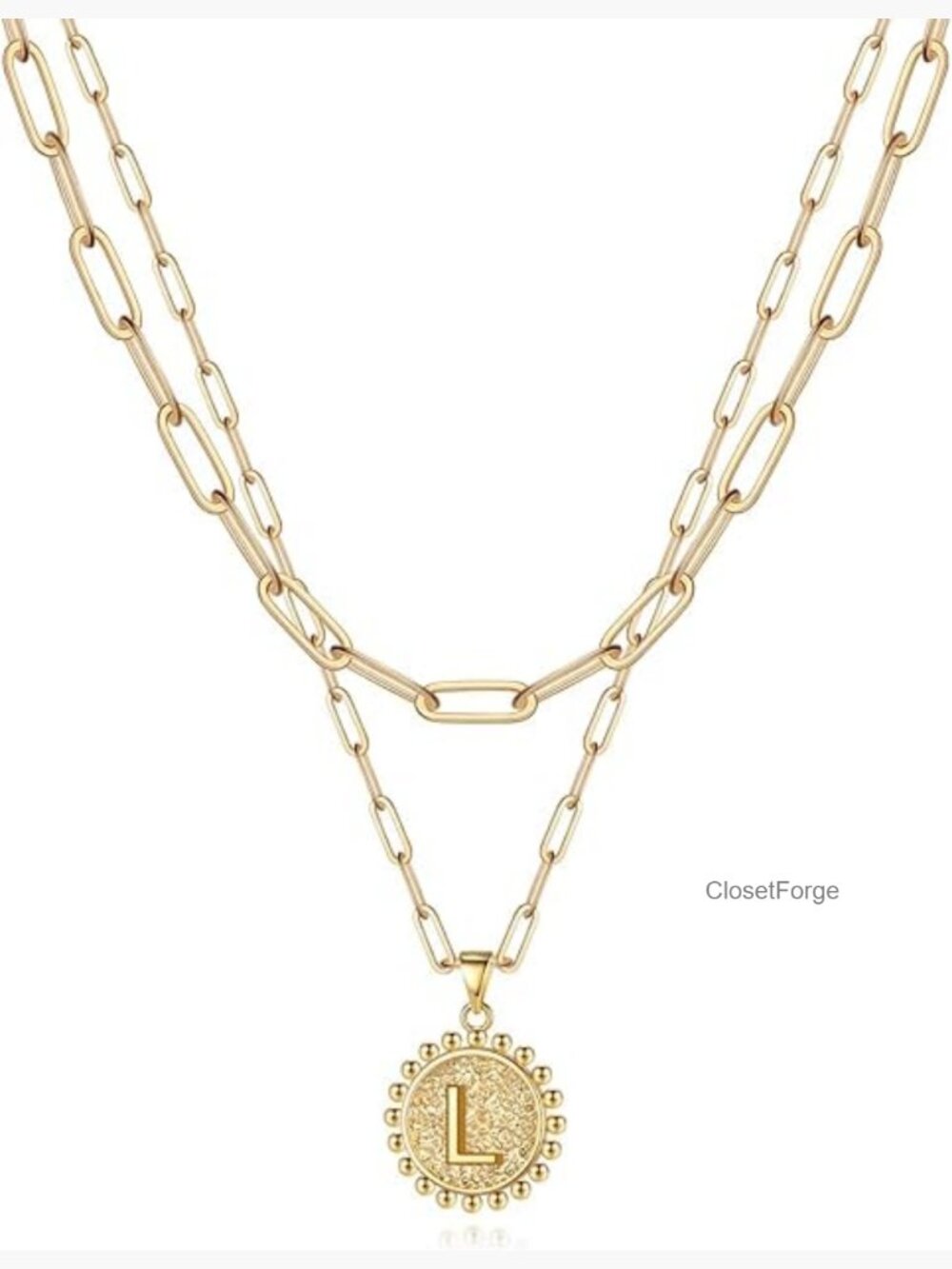 14K Gold Layered Initial Coin Necklace Dainty Paperclip Chain